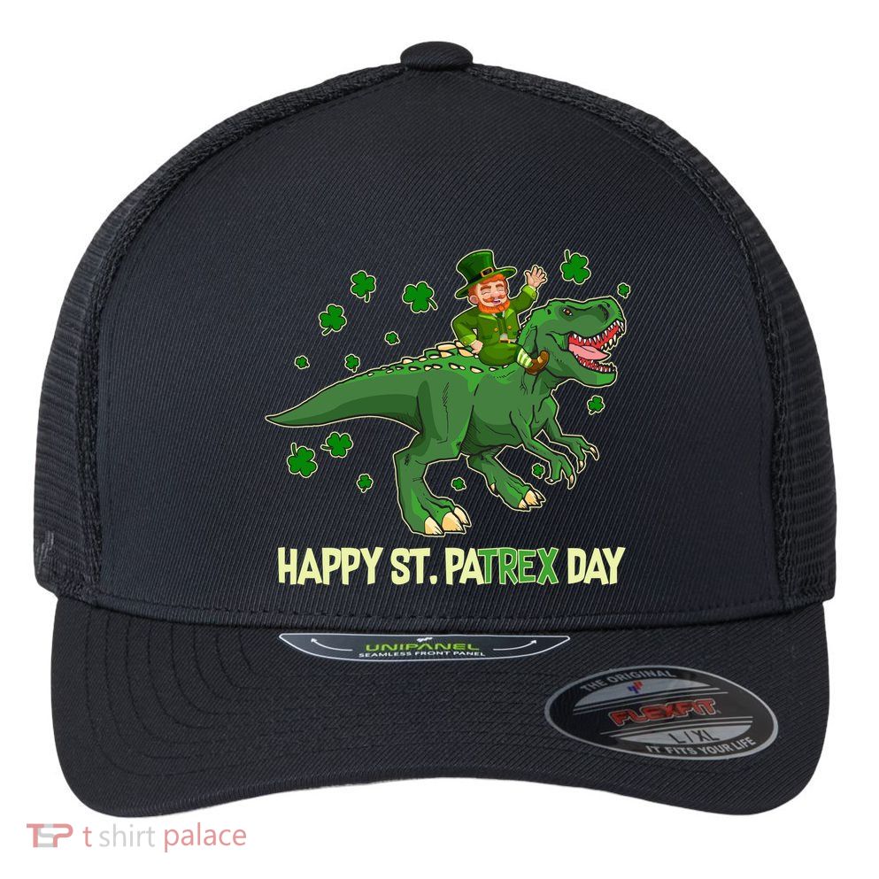 Happy St PaTREX Day Leprechaun Riding T-Rex Dinosaur Flexfit Unipanel Trucker Cap