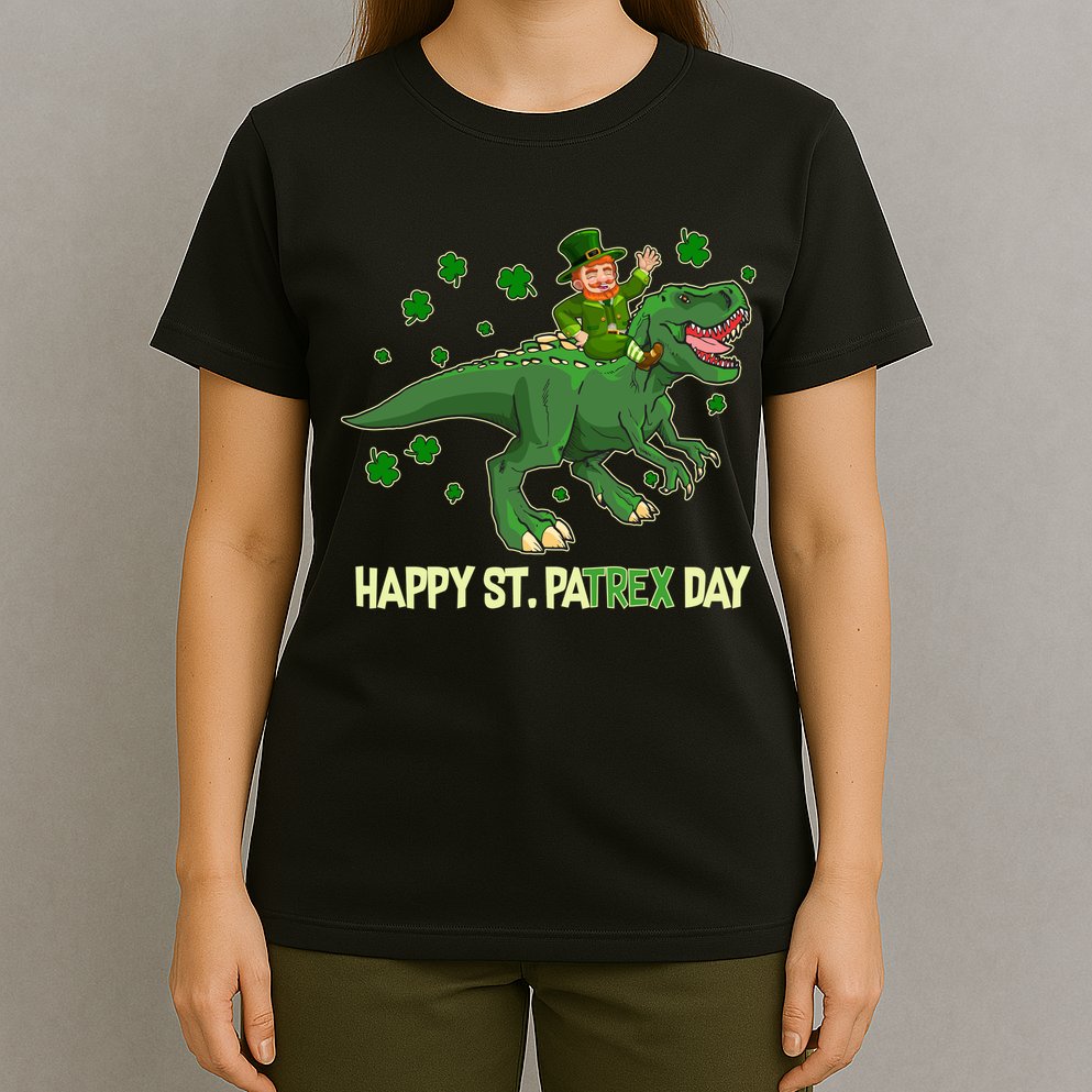 Happy St PaTREX Day Leprechaun Riding T-Rex Dinosaur T-Shirt