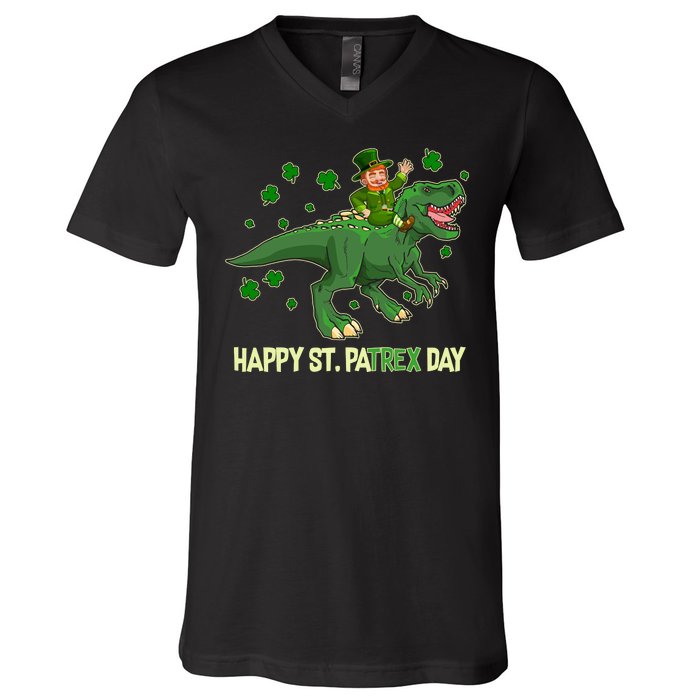 Happy St PaTREX Day Leprechaun Riding T-Rex Dinosaur V-Neck T-Shirt