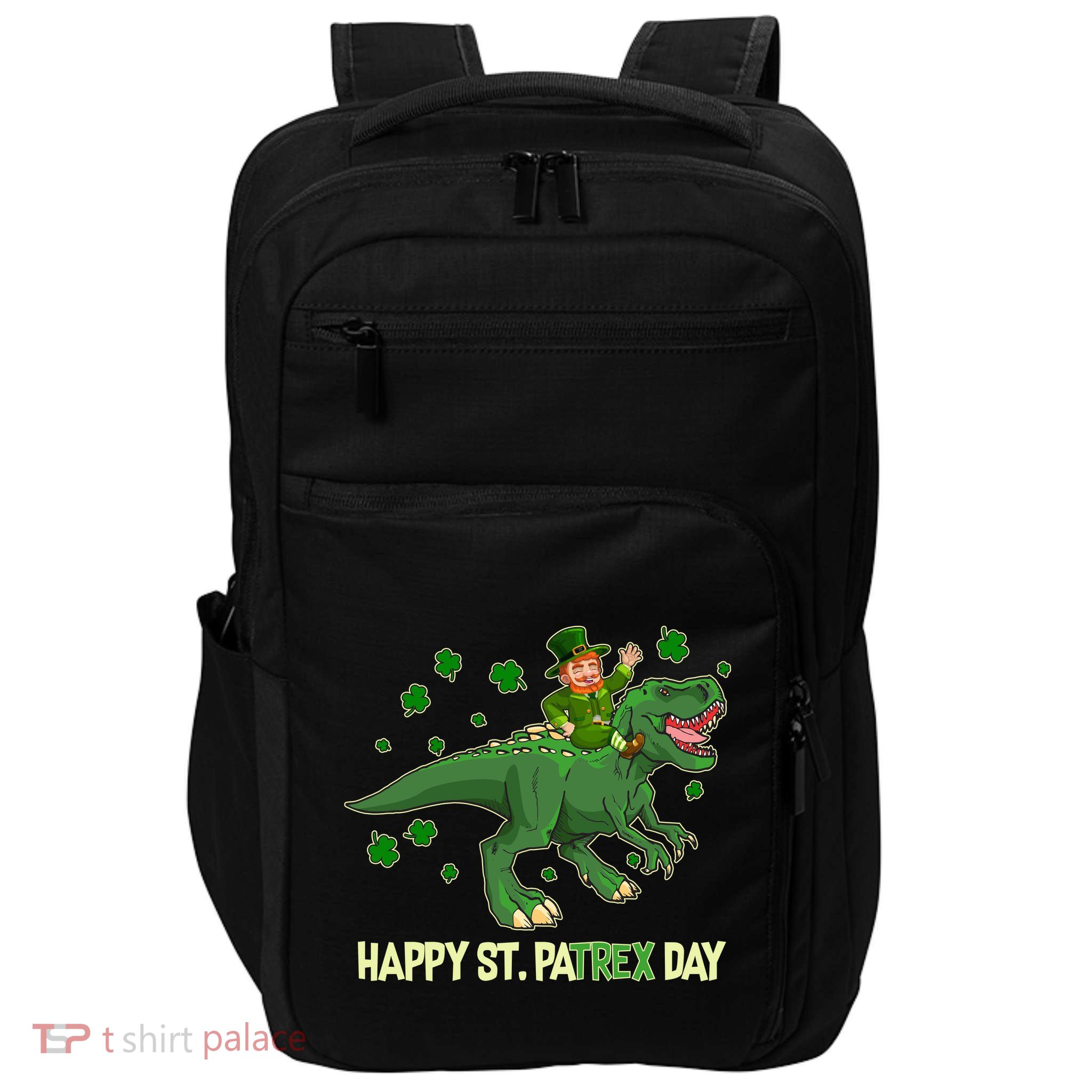 Happy St PaTREX Day Leprechaun Riding T-Rex Dinosaur Impact Tech Backpack