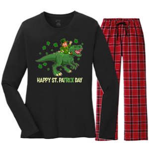 Happy St PaTREX Day Leprechaun Riding T-Rex Dinosaur Women's Long Sleeve Flannel Pajama Set 