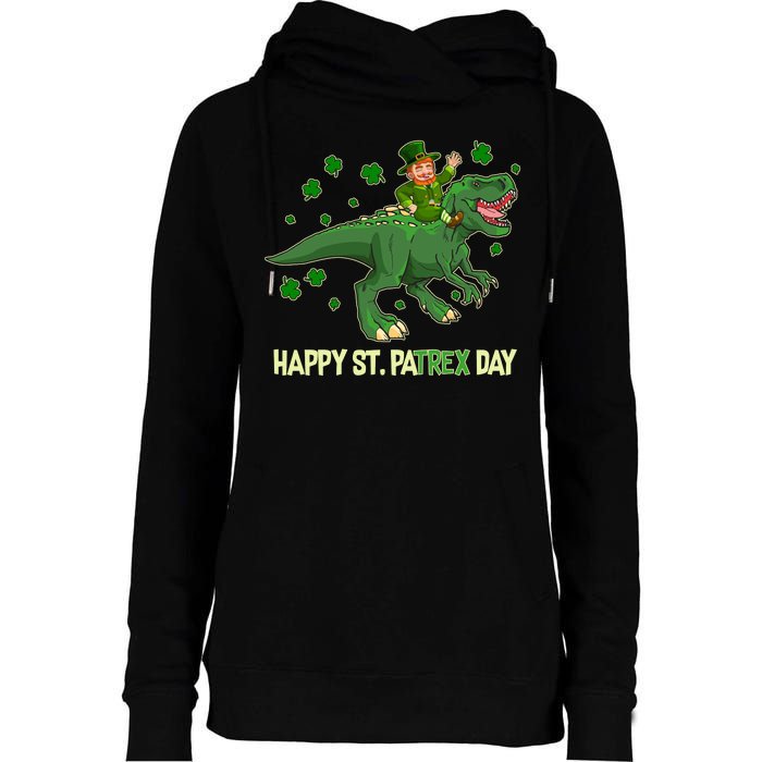 Happy St PaTREX Day Leprechaun Riding T-Rex Dinosaur Womens Funnel Neck Pullover Hood