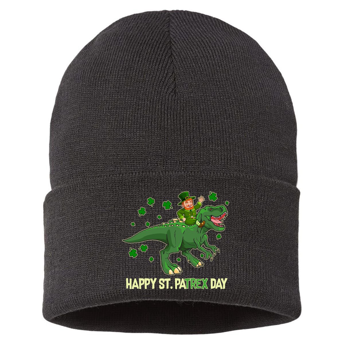 Happy St PaTREX Day Leprechaun Riding T-Rex Dinosaur Sustainable Knit Beanie
