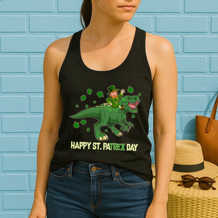 Happy St PaTREX Day Leprechaun Riding T-Rex Dinosaur Womens Tank Top