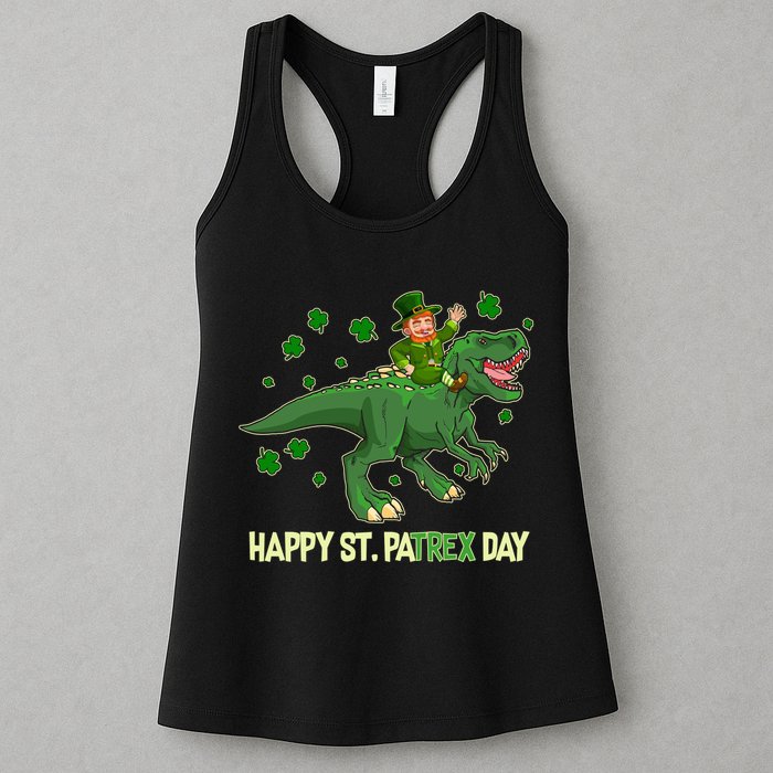 Happy St PaTREX Day Leprechaun Riding T-Rex Dinosaur Womens Tank Top
