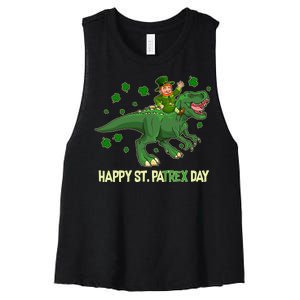 Happy St PaTREX Day Leprechaun Riding T-Rex Dinosaur Women's Racerback Cropped Tank