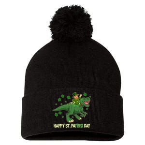 Happy St PaTREX Day Leprechaun Riding T-Rex Dinosaur Pom Pom 12in Knit Beanie