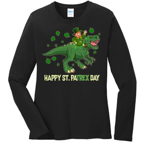 Happy St PaTREX Day Leprechaun Riding T-Rex Dinosaur Ladies Long Sleeve Shirt