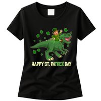 Happy St PaTREX Day Leprechaun Riding T-Rex Dinosaur Womens T-Shirt