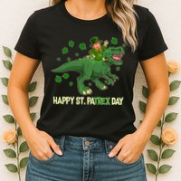 Happy St PaTREX Day Leprechaun Riding T-Rex Dinosaur Womens T-Shirt