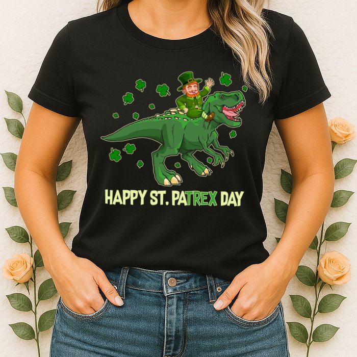 Happy St PaTREX Day Leprechaun Riding T-Rex Dinosaur Womens T-Shirt