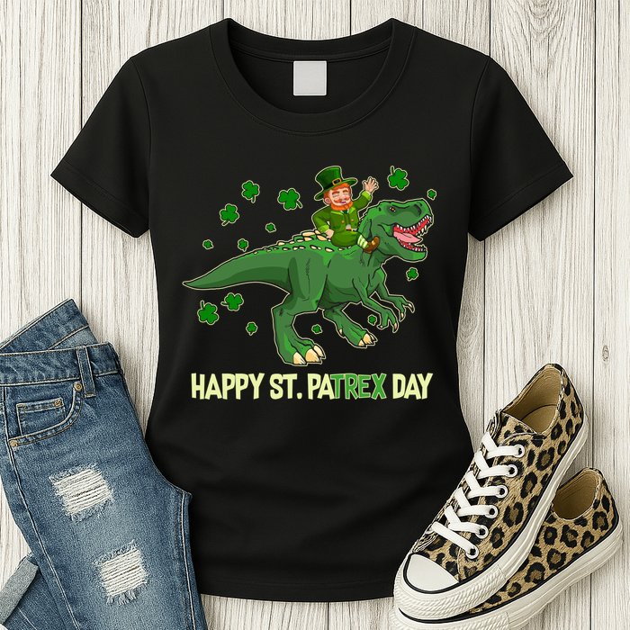 Happy St PaTREX Day Leprechaun Riding T-Rex Dinosaur Womens T-Shirt