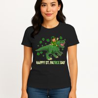 Happy St PaTREX Day Leprechaun Riding T-Rex Dinosaur Womens T-Shirt