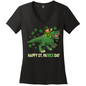 Happy St PaTREX Day Leprechaun Riding T-Rex Dinosaur Women's V-Neck T-Shirt