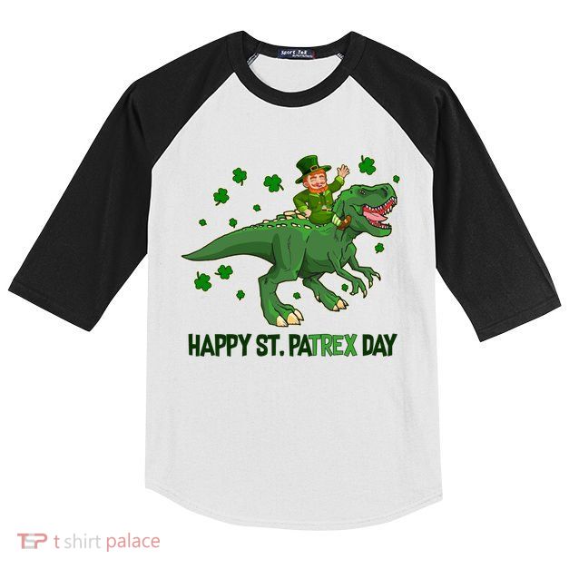 Happy St PaTREX Day Leprechaun Riding T-Rex Dinosaur Kids Colorblock Raglan Jersey