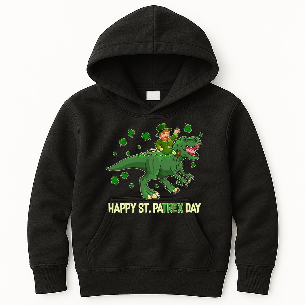 Happy St PaTREX Day Leprechaun Riding T-Rex Dinosaur Kids Hoodie