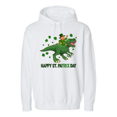 Happy St PaTREX Day Leprechaun Riding T-Rex Dinosaur Garment-Dyed Fleece Hoodie