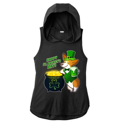 Happy St Patrick's Day Corgi Ladies PosiCharge Tri-Blend Wicking Draft Hoodie Tank