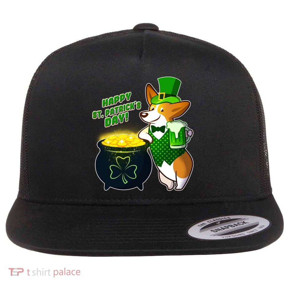 Happy St Patrick's Day Corgi Flat Bill Trucker Hat