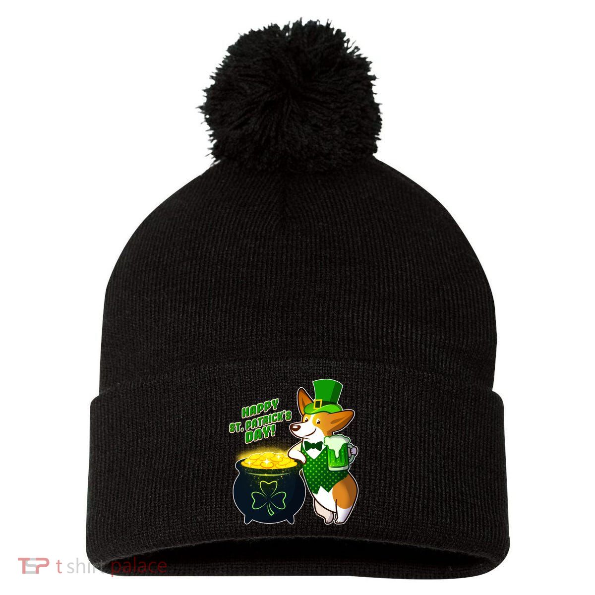 Happy St Patrick's Day Corgi Pom Pom 12in Knit Beanie