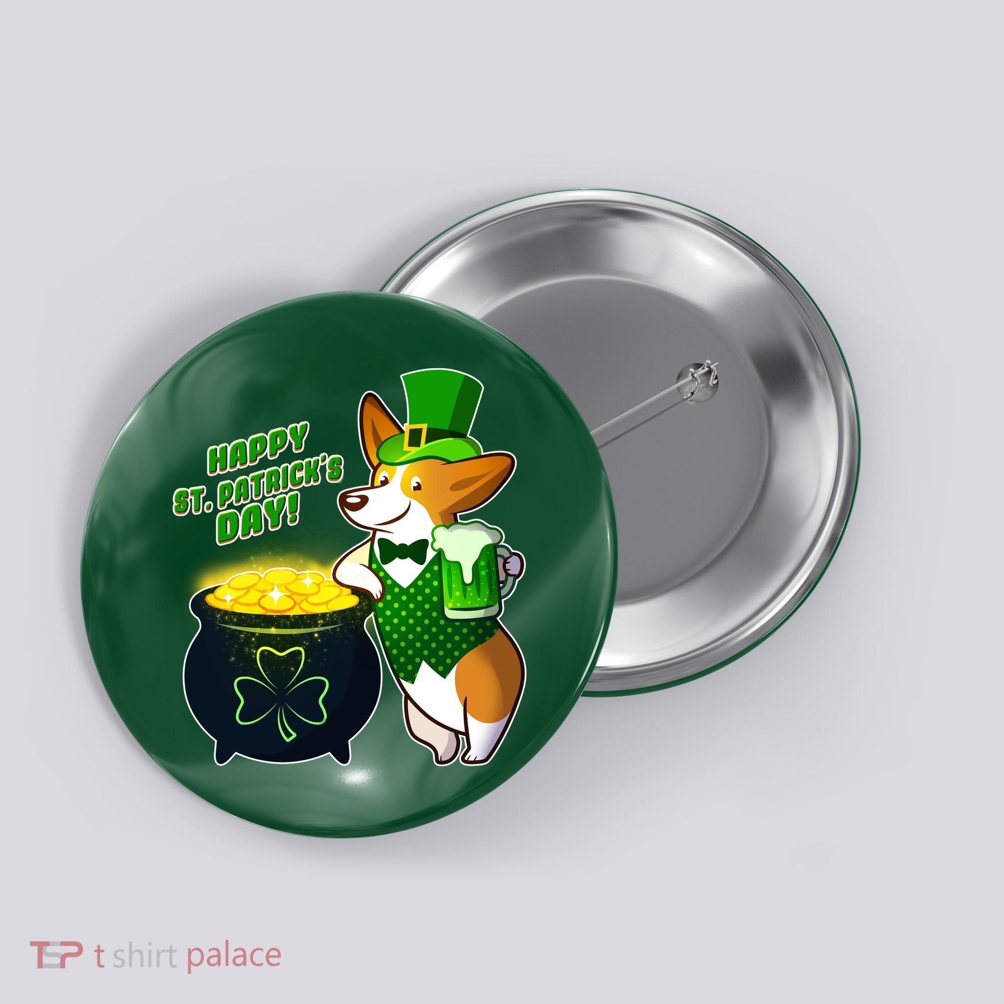 Happy St Patrick's Day Corgi Button