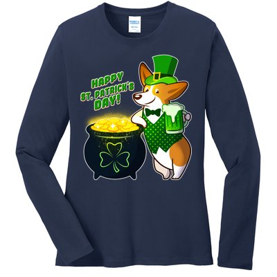 Happy St Patrick's Day Corgi Ladies Long Sleeve Shirt