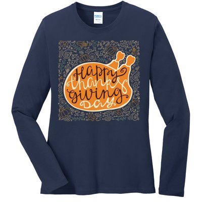 Happy Thanksgiving Day Turkey Pumpkin Logo Ladies Long Sleeve Shirt