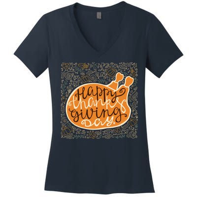 Happy Thanksgiving Day Turkey Pumpkin Logo Women's V-Neck T-Shirt