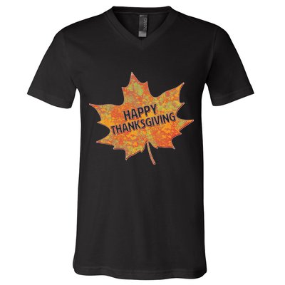 Happy Thanksgiving Fall Leaf V-Neck T-Shirt