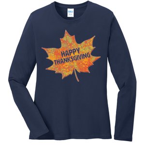 Happy Thanksgiving Fall Leaf Ladies Long Sleeve Shirt