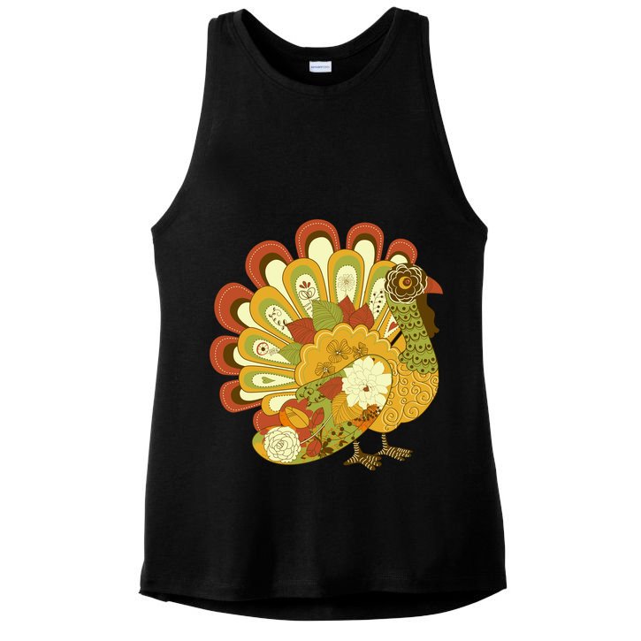 Happy Thanksgiving Floral Turkey Ladies PosiCharge Tri-Blend Wicking Tank