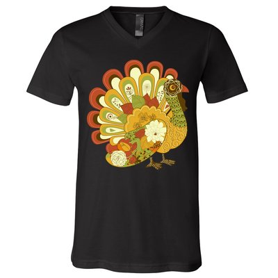 Happy Thanksgiving Floral Turkey V-Neck T-Shirt