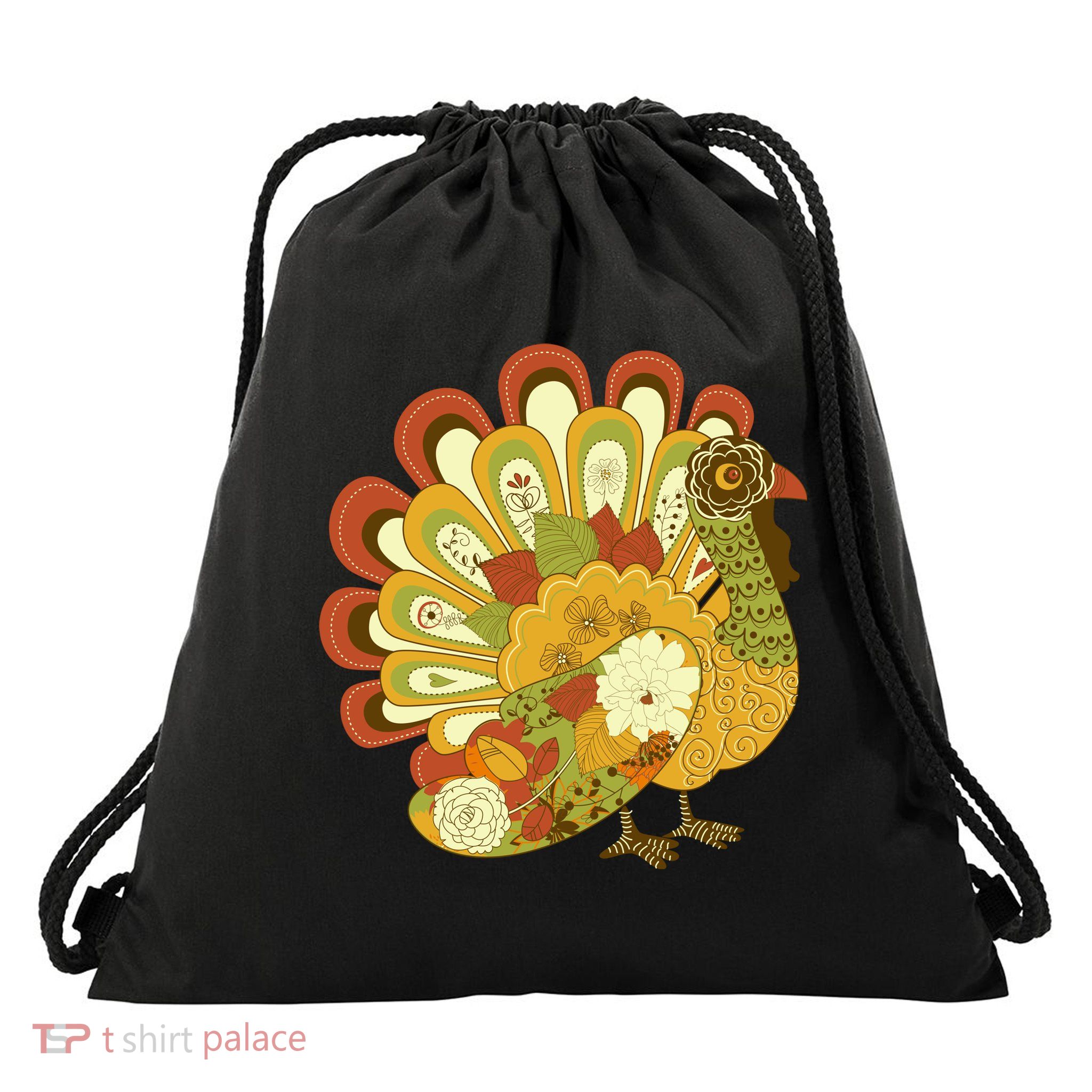 Happy Thanksgiving Floral Turkey Drawstring Bag