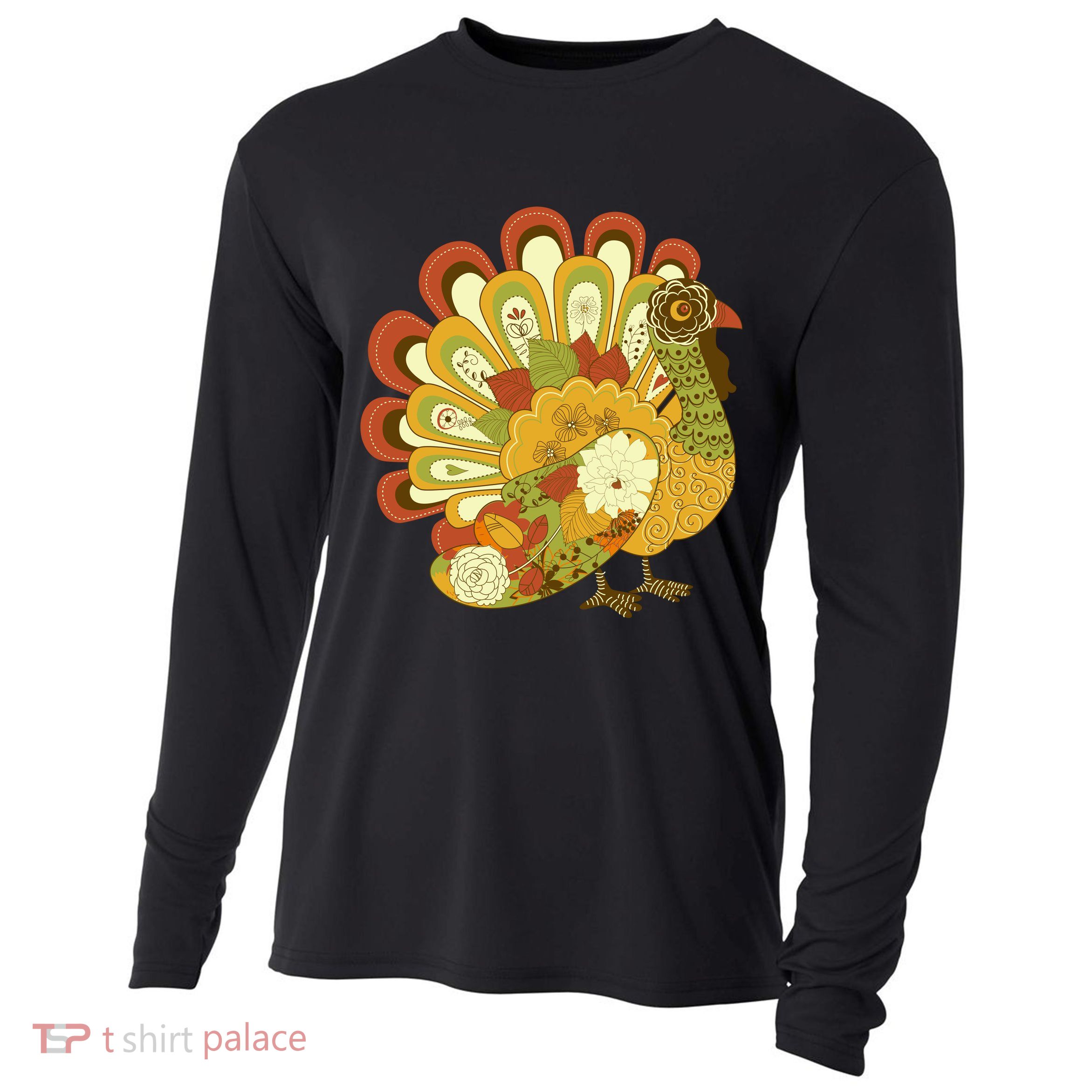 Happy Thanksgiving Floral Turkey Cooling Performance Long Sleeve Crew