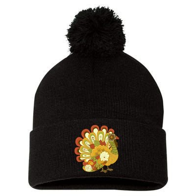 Happy Thanksgiving Floral Turkey Pom Pom 12in Knit Beanie