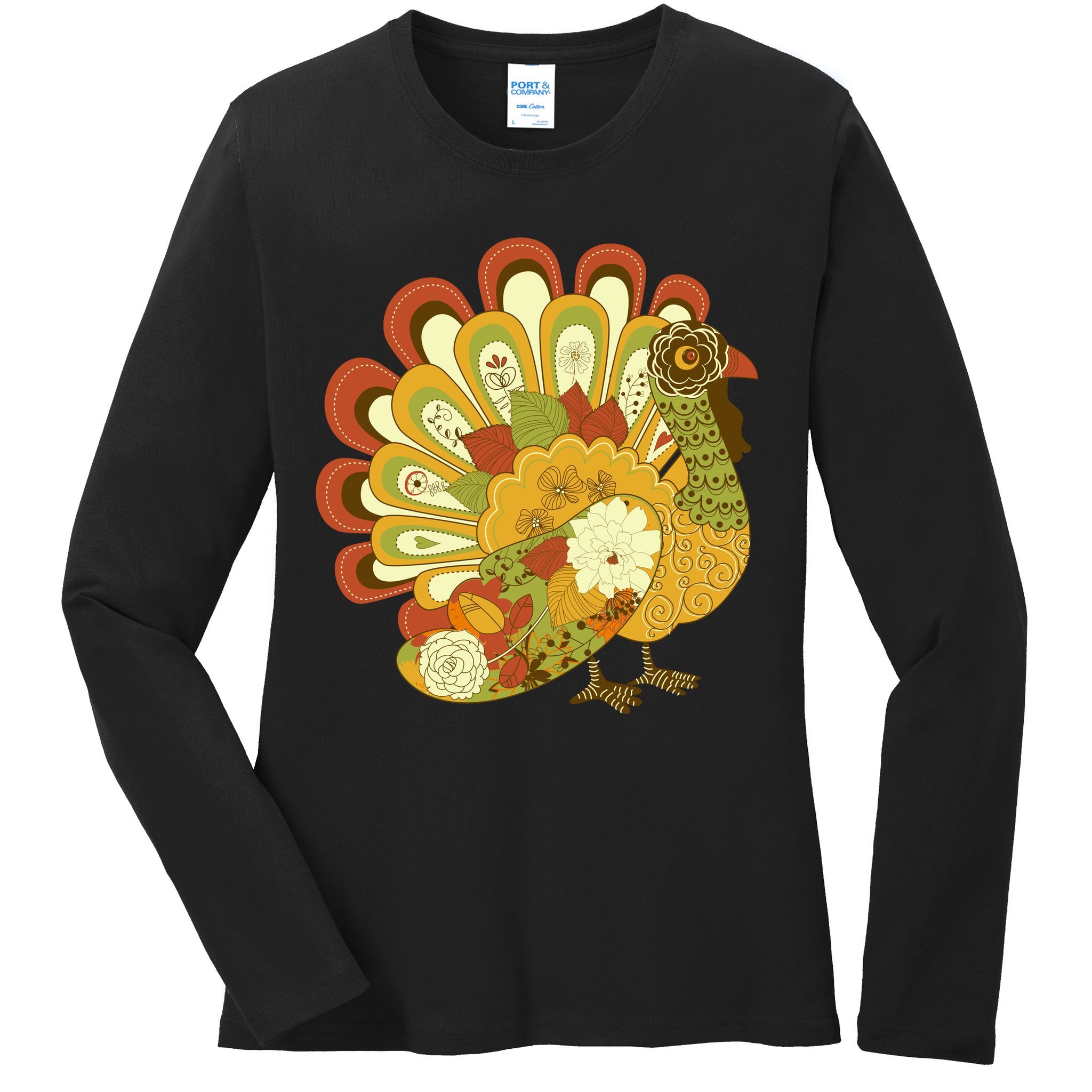 Happy Thanksgiving Floral Turkey Ladies Long Sleeve Shirt