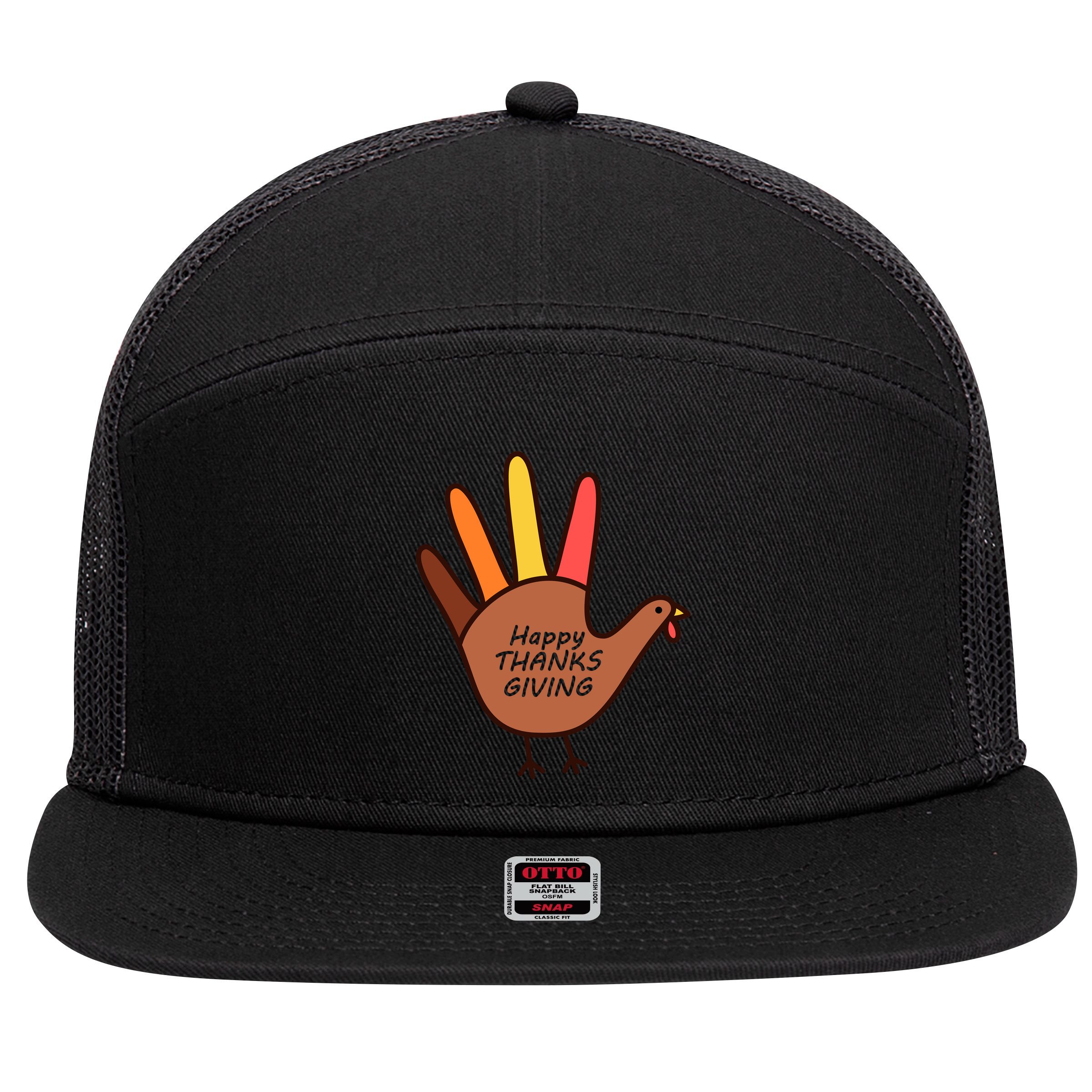 Happy Thanksgiving Hand Turkey 7 Panel Mesh Trucker Snapback Hat
