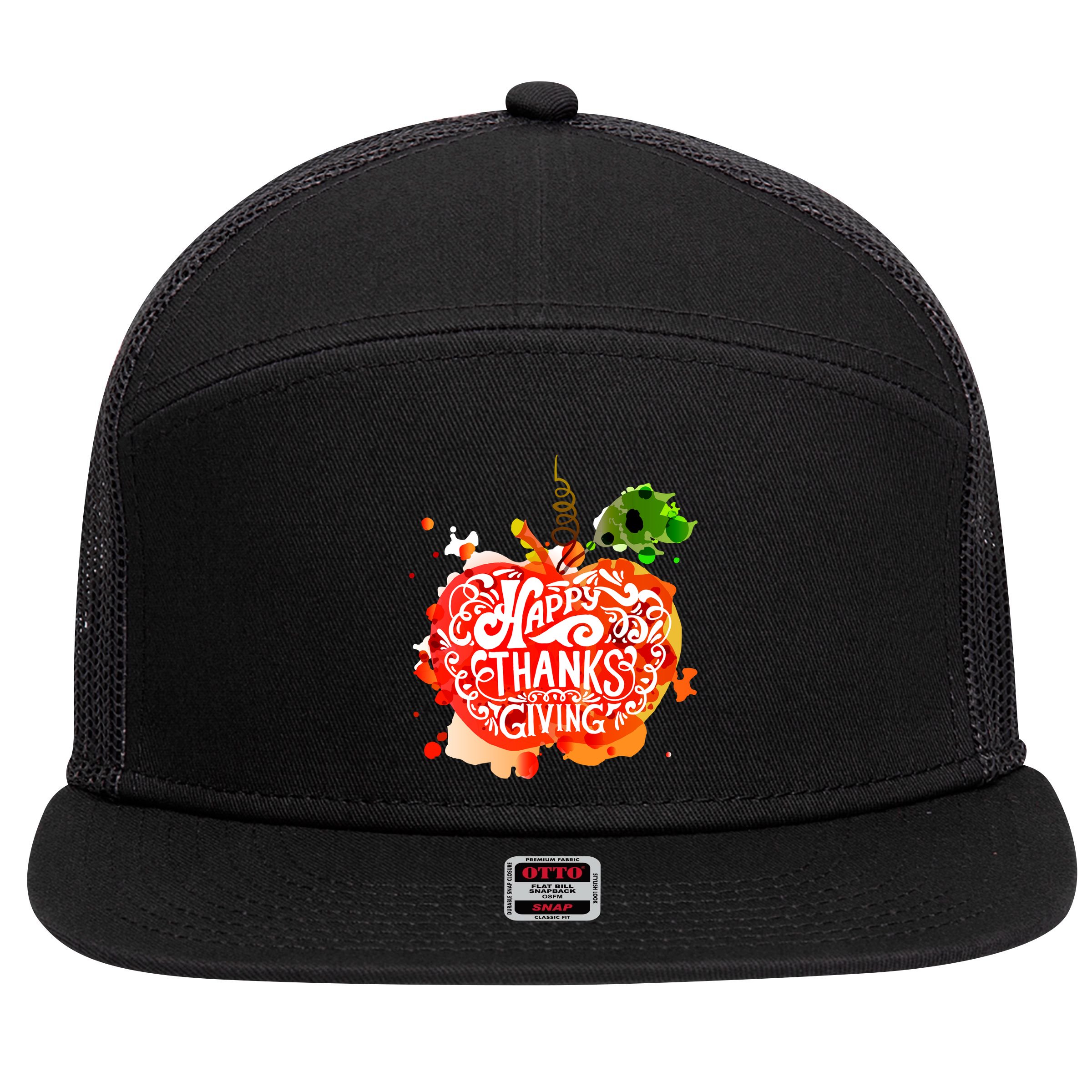 Happy Thanksgiving Pumpkin Splatter 7 Panel Mesh Trucker Snapback Hat
