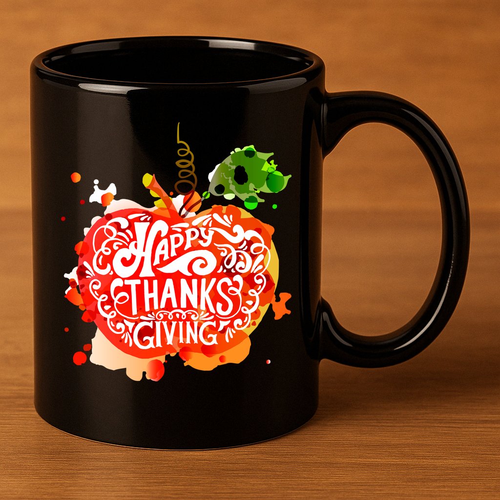 Happy Thanksgiving Pumpkin Splatter 11oz C Handle Ceramic Mug