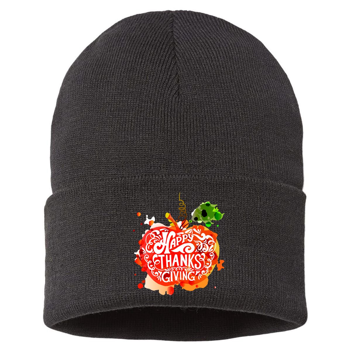 Happy Thanksgiving Pumpkin Splatter Sustainable Knit Beanie