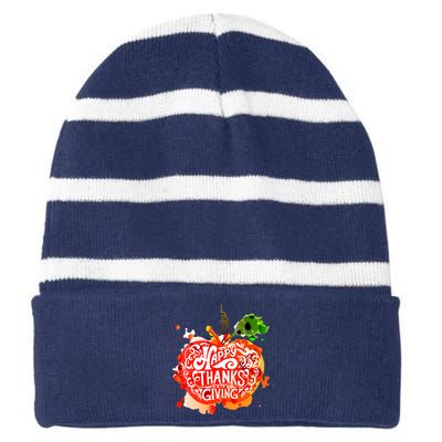 Happy Thanksgiving Pumpkin Splatter Striped Beanie with Solid Band