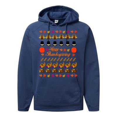 Happy Thanksgiving Turkey Ugly Sweater Performance Fleece Hoodie