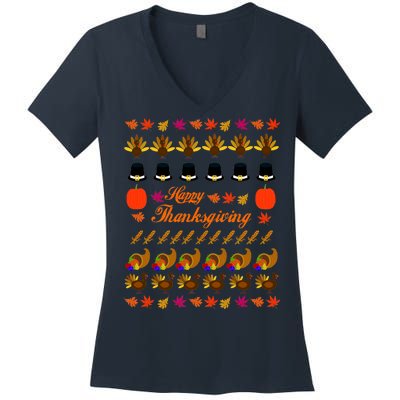 Happy Thanksgiving Turkey Ugly Sweater Women's V-Neck T-Shirt