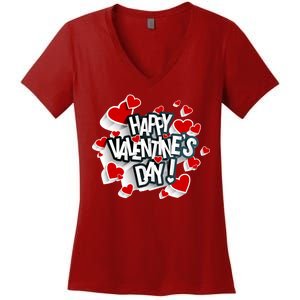 Happy Valentine's Day Love Hearts Logo Women's V-Neck T-Shirt