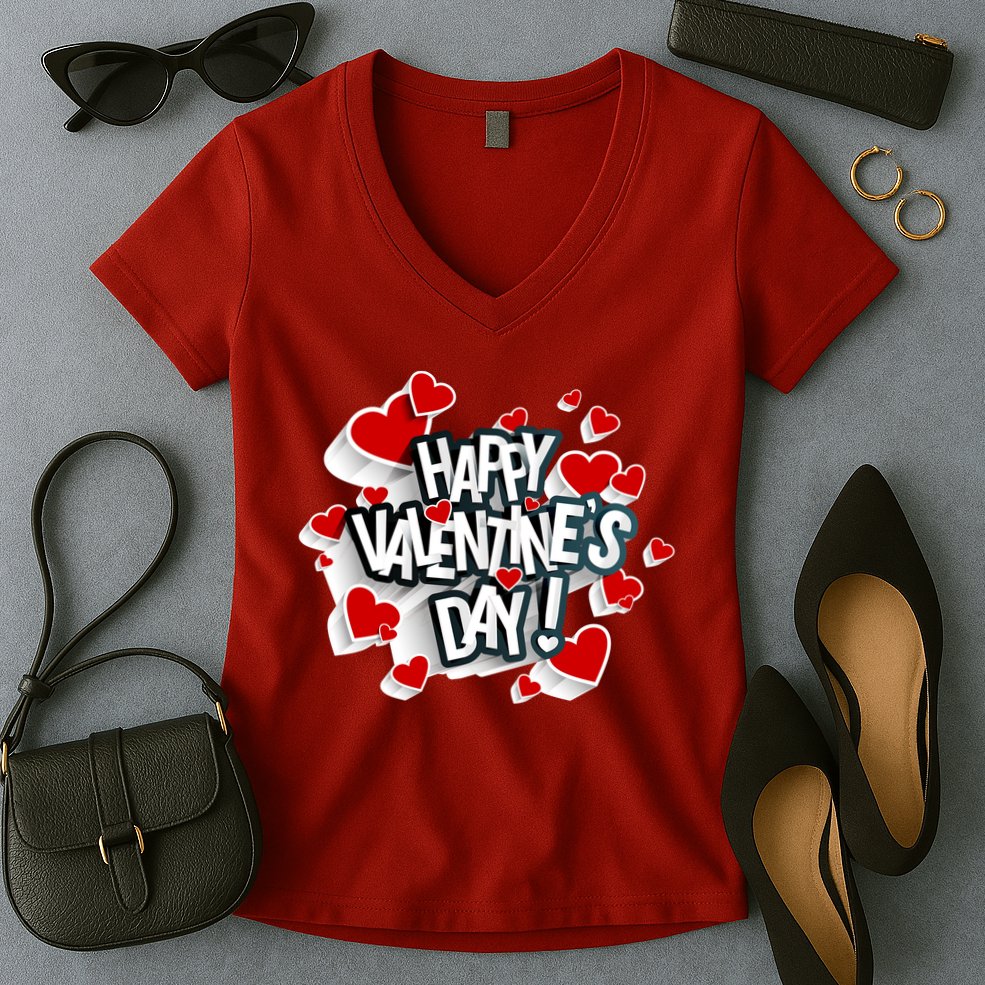 Happy Valentine's Day Love Hearts Logo Women's V-Neck T-Shirt