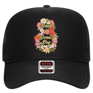 Happy Women's Day March 8 Flowers High Crown Mesh Back Trucker Hat