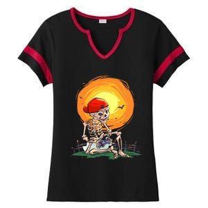 Halloween Awesome Skeleton Gamer Gaming Gift Ladies Halftime Notch Neck Tee