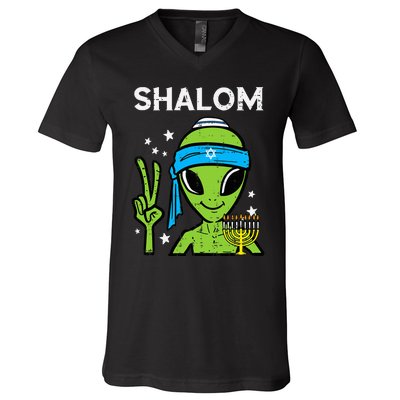 Hanukkah Alien Shalom Chanukah Jewish Space  V-Neck T-Shirt