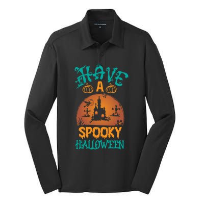 Have A Spooky Halloween Typography Lettering Silk Touch Performance Long Sleeve Polo