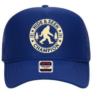 Hide And Seek World Champ Funny Bigfoot Adventure High Crown Mesh Back Trucker Hat